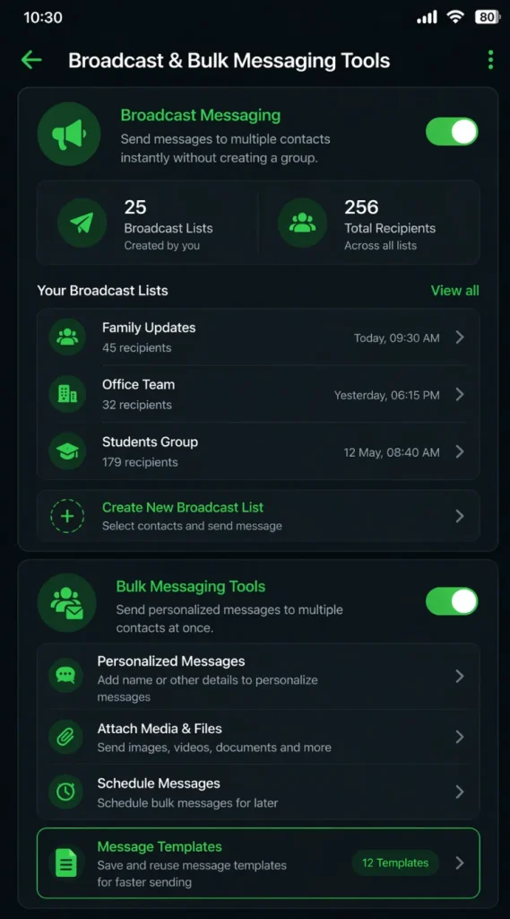 Broad cast and bulk messaging tools